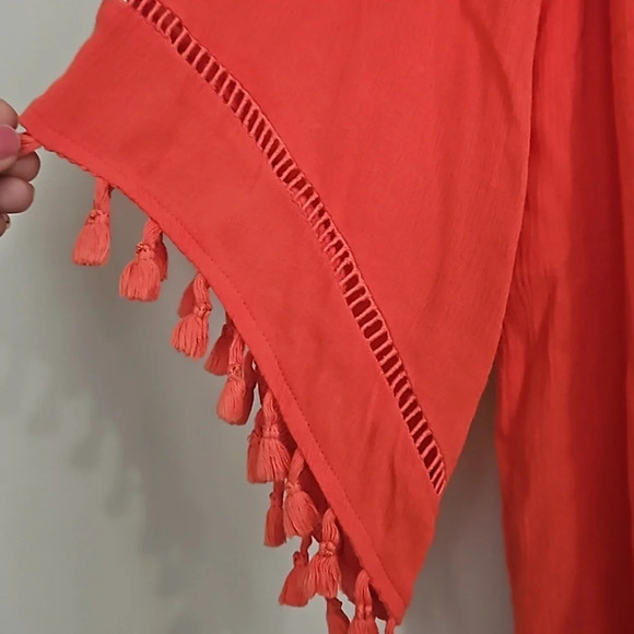 LOVE FIRE Boho Off The Shoulder Tassel Mini Dress In red. Size small - Picture 9 of 15
